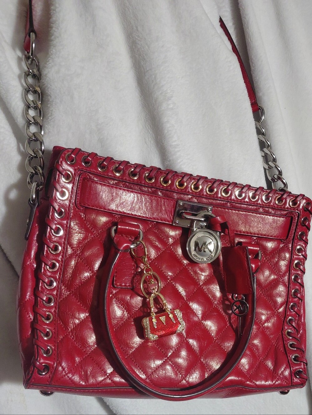 Michael Kors Hamilton Hippie Grommet Red Quilted Leather Satchel Chain Strap - Picture 8 of 8